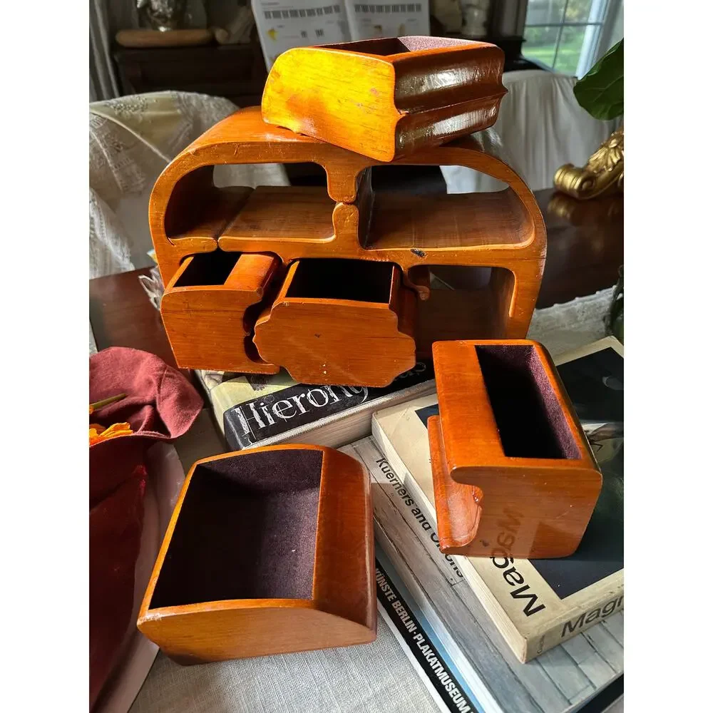 Vintage Wooden Jewelry Trinket Box Handmade Wave Artisan Wood unique puzzleREAD